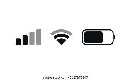 Vector phone mobile signal icons. Set of Wi-Fi, mobile network, and battery status symbols. Flat vector illustration of connection and power level indicators for UI, apps, and digital interfaces.