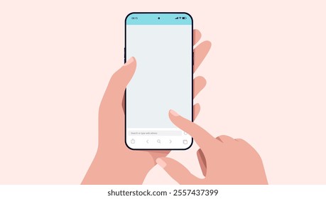 Vector phone mockup - Illustration of mobile smartphone with blank empty screen and hands using touchscreen. Flat design front view on beige background