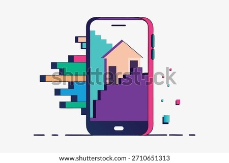 Vector phone mockup showing a stylish glitch art transition: left half photorealistic, right half deconstructed with pixel displacement, RGB separation, and floating data fragments.