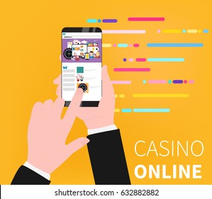 Vector Phone with online Casino flat design applications on a screen.  Flat design banner jackpot pockie dice roulette games flat illustration. -stock vector