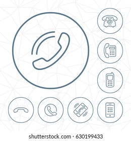 Vector Phone Outline Icon Set In Circle With Geometric Seamless Background.