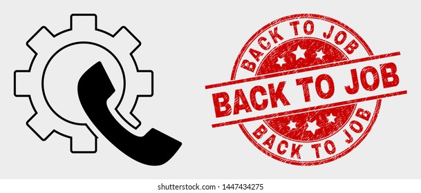 Vector phone receiver gear pictogram and Back to Job seal stamp. Red rounded scratched stamp with Back to Job text. Vector composition for phone receiver gear in flat style.