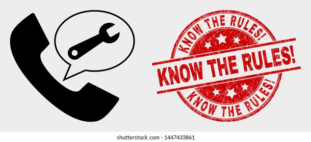 Vector phone service message pictogram and Know the Rules! stamp. Red round grunge seal stamp with Know the Rules! text. Vector combination for phone service message in flat style.