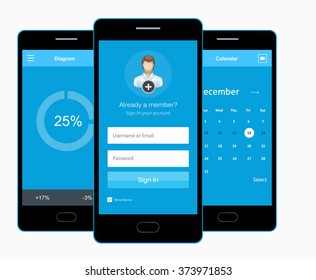 Vector phone sign up form. Calendar. Diagram. Flat interface