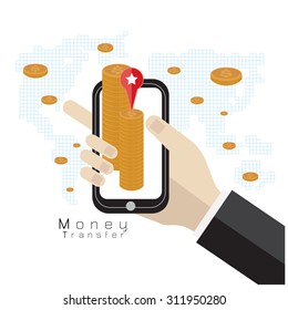 vector phone transfer money concept silver coins world on white background