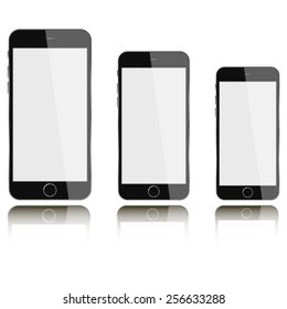 Vector phones with blank screen isolated on white background with reflection. Mock-up