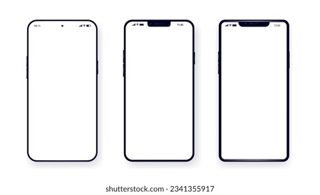 Vector phones on white background - Various unbranded smartphones with empty white screens in flat lay, with subtle shadow