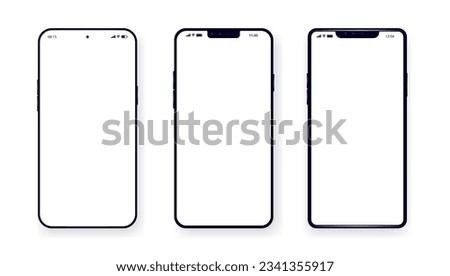 Vector phones on white background - Various unbranded smartphones with empty white screens in flat lay, with subtle shadow