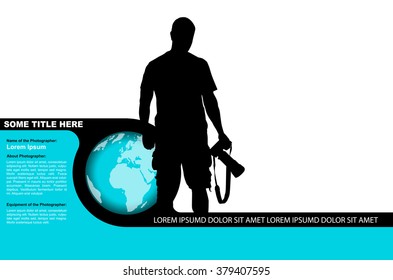 Vector photo background with black silhouette of a photographer and globe