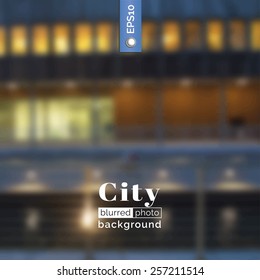 Vector photo background. Blurred photo background. Backdrop with city for poster. Travel poster with urban landscape. City design for website. Blur. Unfocus. Wallpaper for presentation, advertising