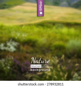 Vector photo background. Blurred photo background. Backdrop with nature for poster. Travel poster with natural landscape. Eco design for website. Blur. Unfocus. Wallpaper for presentation, advertising