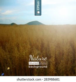 Vector photo background. Blurred photo background. Backdrop with nature for poster. Travel poster with natural landscape. Eco design for website. Blur. Unfocus. Wallpaper for presentation, advertising