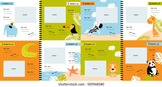 Vector photo book with cartoon animals for the children, "first year of the child". Frames, stickers, poster, postcard, cover. Lion, elephant, zebra, giraffe, panda, safari. summer, tropics. part 2