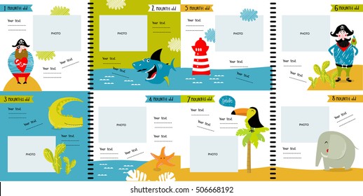 Vector photo book with cartoon animals and pirate for the children, "baby's first year ". crocodile, lighthouse, elephant, toucan, palm, cactus, desert, sea, Somali, Africa, tropical. stickers. part 2