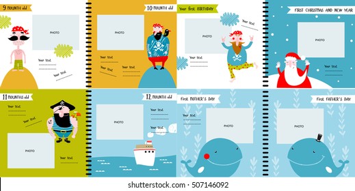 Vector photo book with cartoon animals and pirate for the children, "baby's first year ". pirates, ship, sea. santa, christmas, new year, mother's day, father's day. poster, postcard. Part 3. eps 10