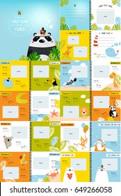 Vector photo book with cartoon animals for the children, "the first year of the child". Frames, stickers, poster, postcard, cover. Kangaroo, bear,panda, whale, summer, tropics. cartoon characters