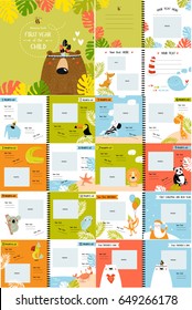 Libro de fotos vectorial con animales de dibujos animados para los niños, "el primer año del niño". Marcos, pegatinas, afiche, postal, cubierta. Canguro, oso, panda, ballena, verano, trópicos. personajes de dibujos animados