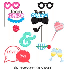 Vector Photo Booth Props For Wedding And Valentine Day Collection Set. Celebration Champagne Groom Team And Bride Team.