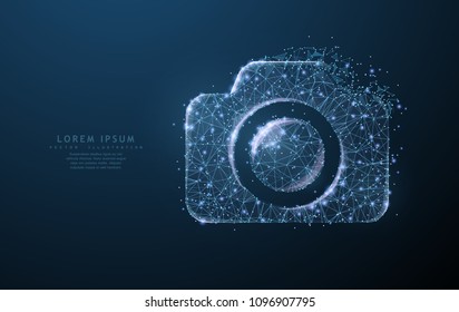 Vektorfoto-Kamera. Abstrakte polygonale Wireframe-Kamera-Illustration auf dunkelblauem nächtlichen Himmelshintergrund mit Punkten und Sternen. Fotografie, Aufnahmesymbol