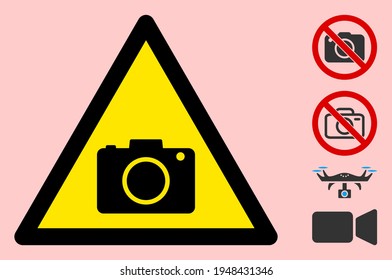 Vector photo camera flat warning sign. Triangle icon uses black and yellow colors. Symbol style is a flat photo camera attention sign on a pink background. Icons designed for careful signals,