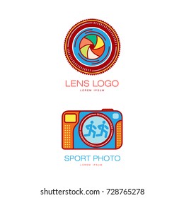 Vector photo camera icon set - lens shutter aperture, port photo camera colored pictograms. Flat cartoon isolated illustration on a white background. Logo brand concept for photo studio design