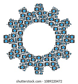 Vector photo camera icons are combined into cog composition. Industrial design concept constructed with photo camera components.