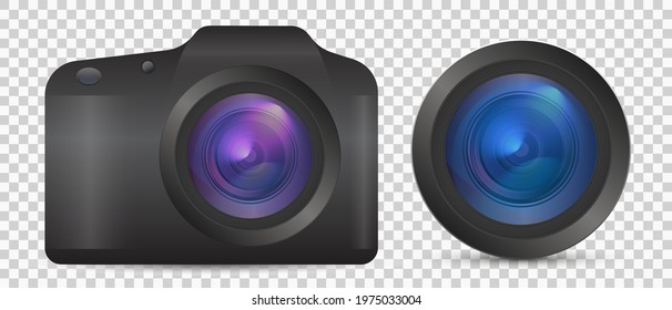 Vector photo camera with lens. Realistic 3d analog camera for video or pictures in front view