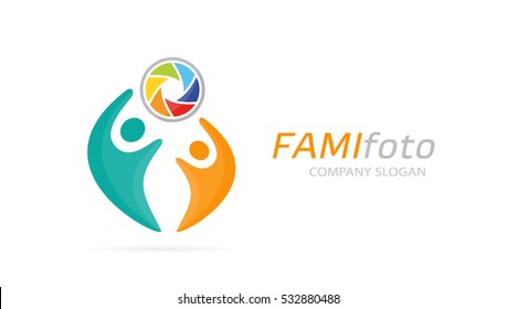 Vector photo camera and people logo combination. Shutter and family symbol or icon. Unique union, help, connect, team and community logotype design template.