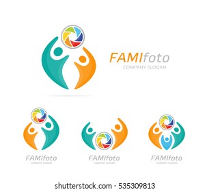 Vector photo camera and people logo combination. Shutter and family symbol or icon. Unique union, help, connect, team and community logotype design template.