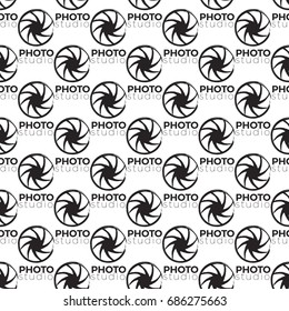 Vector photo camera shutter logo seamless pattern. Photography, photo studio hand drawn design elements, signs, logos, identity, badges, branding objects for business. Black sketch on white background