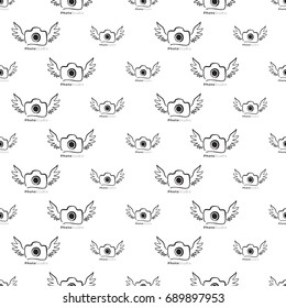 Vector photo camera with wings seamless pattern. Photography and photo studio hand drawn design signs, logos, identity, labels, badges, branding objects for business. Black sketch on white background.