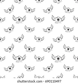 Vector photo camera with wings seamless pattern. Photography and photo studio hand drawn design signs, logos, identity, labels, badges, branding objects for business. Black sketch on white background.