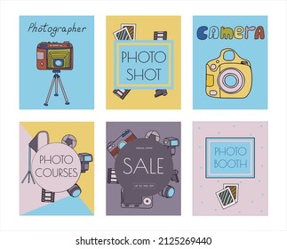 Vector photo cameras sketch banners. Hand drawn style. Different types of cameras in retro and modern style. Doodle accessories for photographers. Flash, lens, light, lens