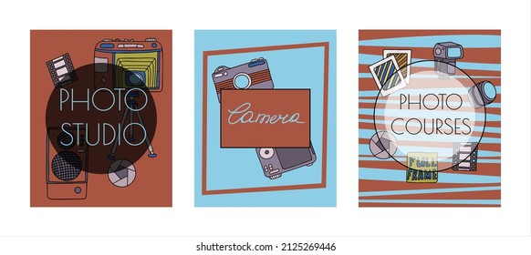 Vector photo cameras sketch banners. Hand drawn style. Different types of cameras in retro and modern style. Doodle accessories for photographers. Flash, lens, light, lens