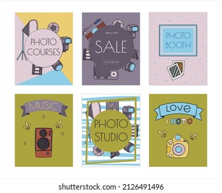 Vector photo cameras sketch banners. Hand drawn style. Different types of cameras in retro and modern style. Doodle accessories for photographers. Flash, lens, light, lens