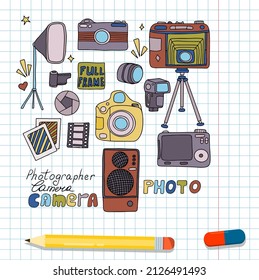 Vector photo cameras sketch set. Hand drawn style. Different types of cameras in retro and modern style. Doodle accessories for photographers. Flash, lens, light, lens