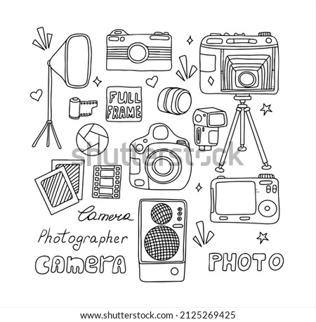 Vector photo cameras sketch set. Hand drawn style. Different types of cameras in retro and modern style. Doodle accessories for photographers. Flash, lens, light, lens