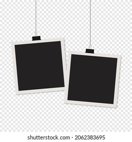 Vector photo card on the thread, mockup design with shadow on transparent background. Vector illustration.  