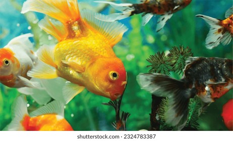 Vector Photo of colorful goldfish swimming in aquarium with clear water, looks very beautiful in hapitat in nature fauna