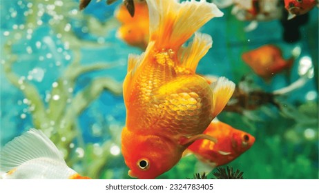 Vector Photo of colorful goldfish swimming in aquarium with clear water, looks very beautiful in hapitat in nature fauna