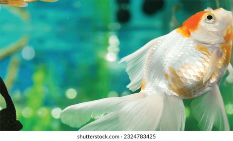 Vector Photo of colorful goldfish swimming in aquarium with clear water, looks very beautiful in hapitat in nature fauna