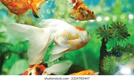 Vector Photo of colorful goldfish swimming in aquarium with clear water, looks very beautiful in hapitat in nature fauna