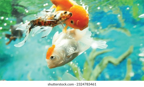 Vector Photo of colorful goldfish swimming in aquarium with clear water, looks very beautiful in hapitat in nature fauna