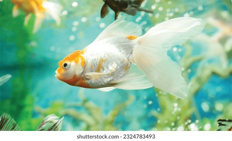 Vector Photo of colorful goldfish swimming in aquarium with clear water, looks very beautiful in hapitat in nature fauna