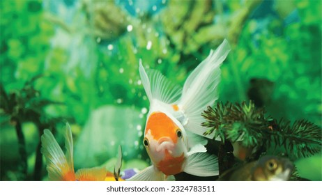 Vector Photo of colorful goldfish swimming in aquarium with clear water, looks very beautiful in hapitat in nature fauna