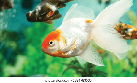 Vector Photo of colorful goldfish swimming in aquarium with clear water, looks very beautiful in hapitat in nature fauna