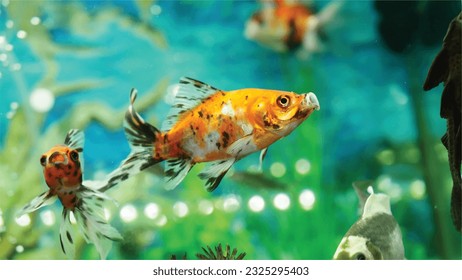Vector Photo of colorful goldfish swimming in aquarium with clear water, looks very beautiful in hapitat in nature fauna