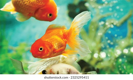 Vector Photo of colorful goldfish swimming in aquarium with clear water, looks very beautiful in hapitat in nature fauna