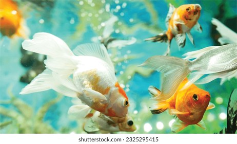 Vector Photo of colorful goldfish swimming in aquarium with clear water, looks very beautiful in hapitat in nature fauna