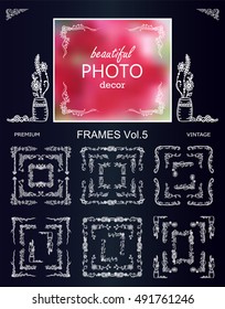 Vector photo decor stickers. Corner, frame, banner, border in vintage hand drawn doodle style. Branch, leaves, flowers, grass, tree, ivy, grapes, vine, berry, herbal, gardens elements for design